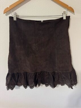 Anthropologie Elevenses Genuine Leather Suede Mini Skirt Scallop Laser Cut Hem-8